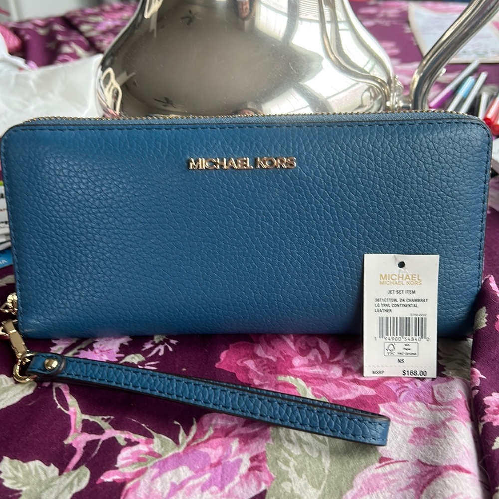 New Michael Kors Jet Set Dk Chambray Leather ZIP Wristlet Wallet